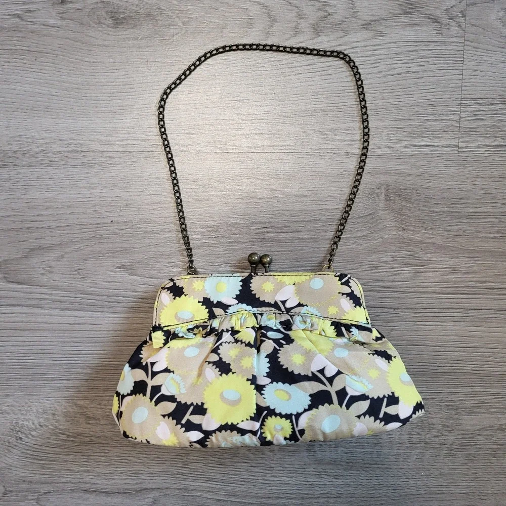Vintage Y2K Floral Kiss Lock Mini Clutch Bag Yellow Daisy Silk Blend Chain Strap